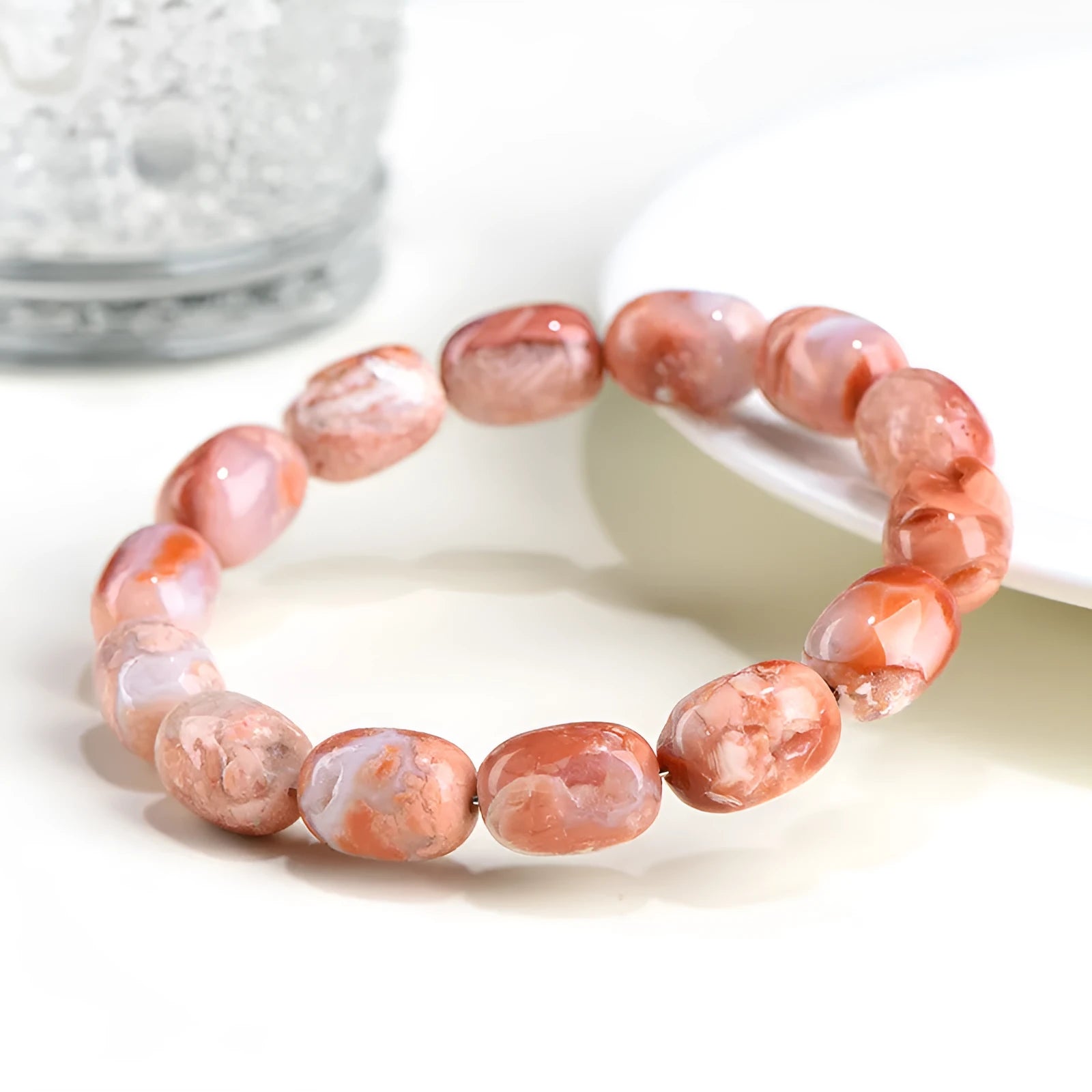 Natural cherry agate barrel bead bracelet with geometric beads and Ruyi charm