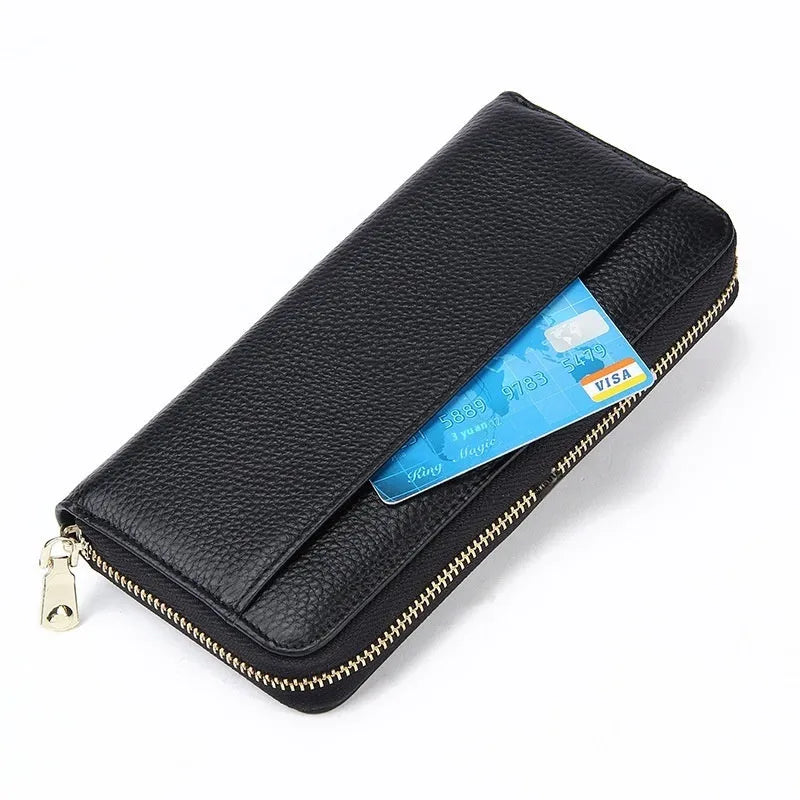 Genuine leather women's long bifold wallet in six colour options showing card slots and anti-theft feature