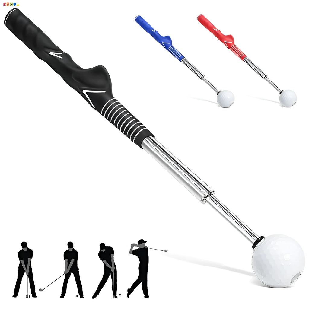 Telescopic stainless steel golf swing simulator trainer in black, blue, or red colour options.