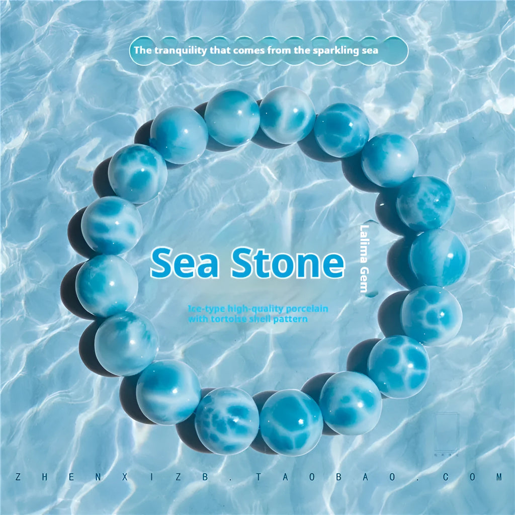 Blue bodhi bracelet with natural crystal sea-pattern stones and pearl accents in Maillard style