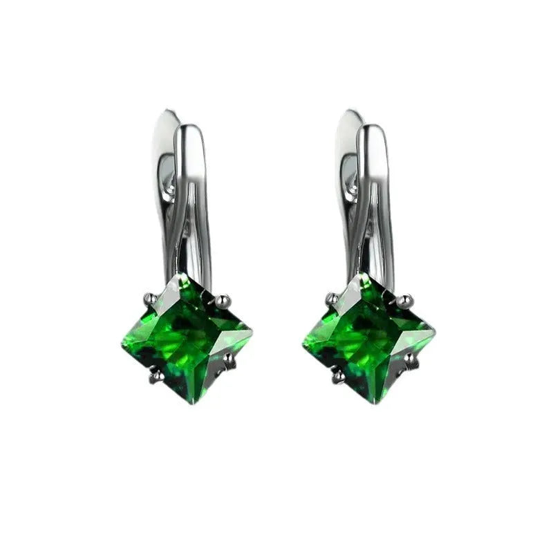 Women's copper earrings with diamond design and zircon stones in blue, colour, and green variations