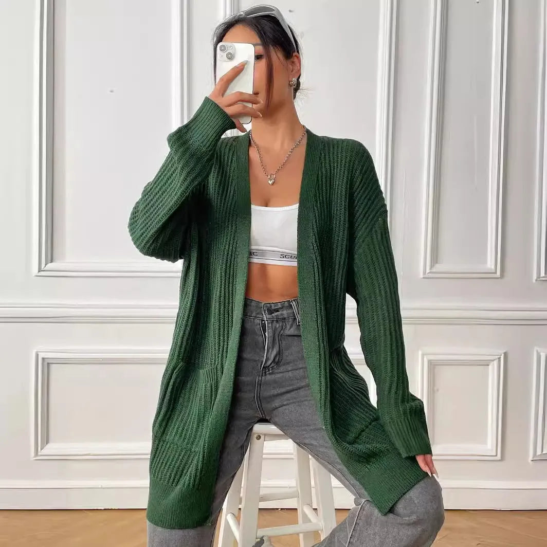 Women's dark green acrylic cardigan sweater with double pockets and long sleeves
