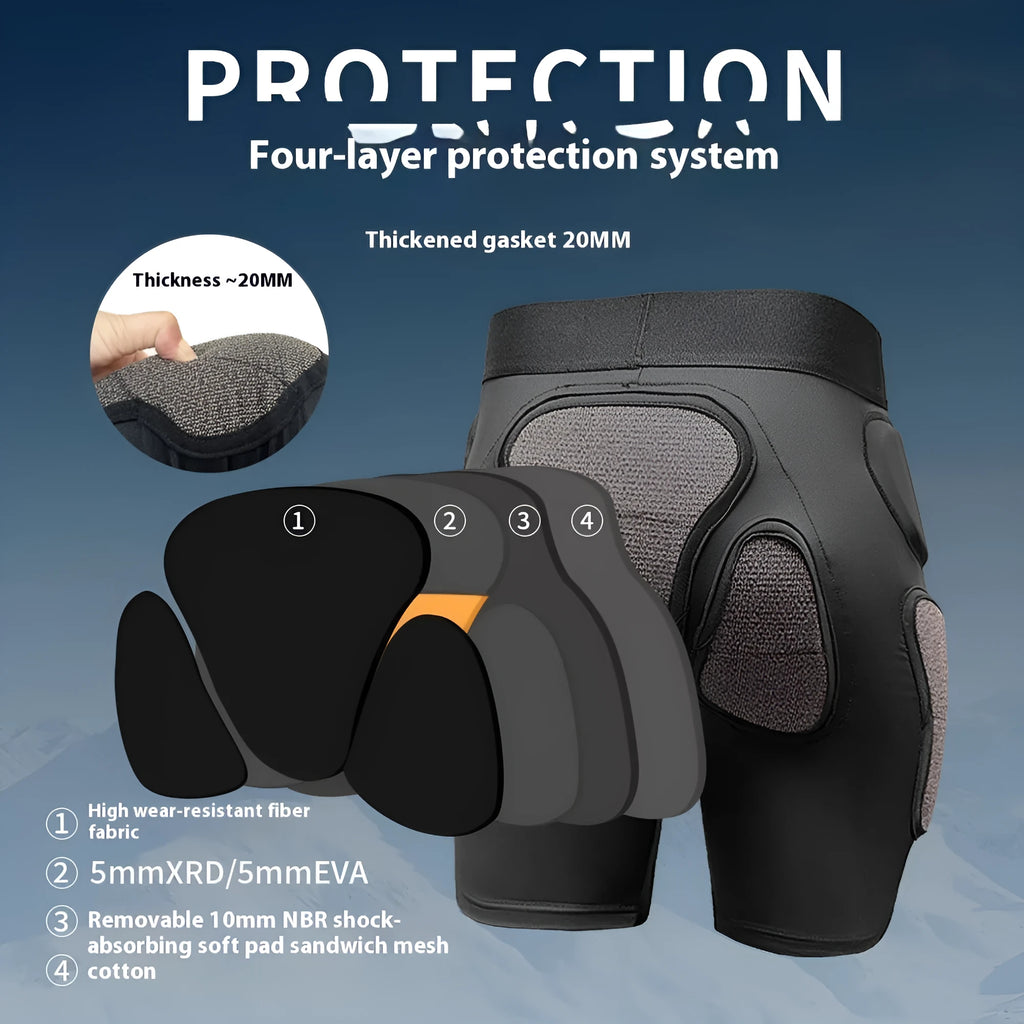 X-ray diffraction skiing protective gear set showing slim hip pads and multiple-protection knee pads.