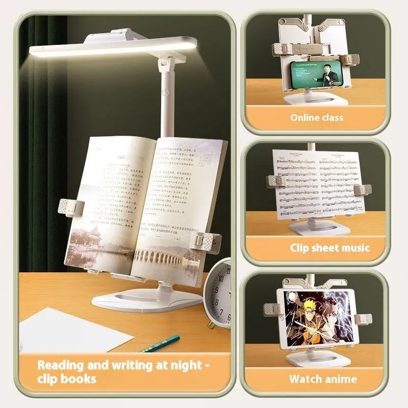 Multifunctional adjustable reading lamp on a bookshelf with charging cable