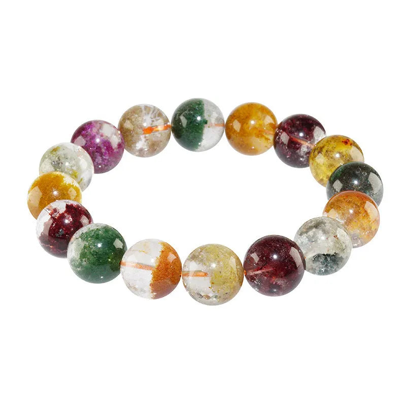 Natural crystal bracelet with colourful ghost cornucopia ethnic design featuring 10mm spherical beads
