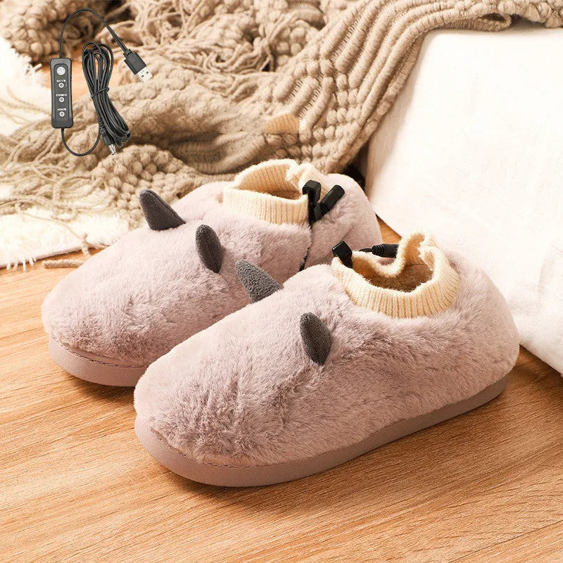 USB electric heating slippers in grey with a super soft velvet upper and a detachable USB cable.