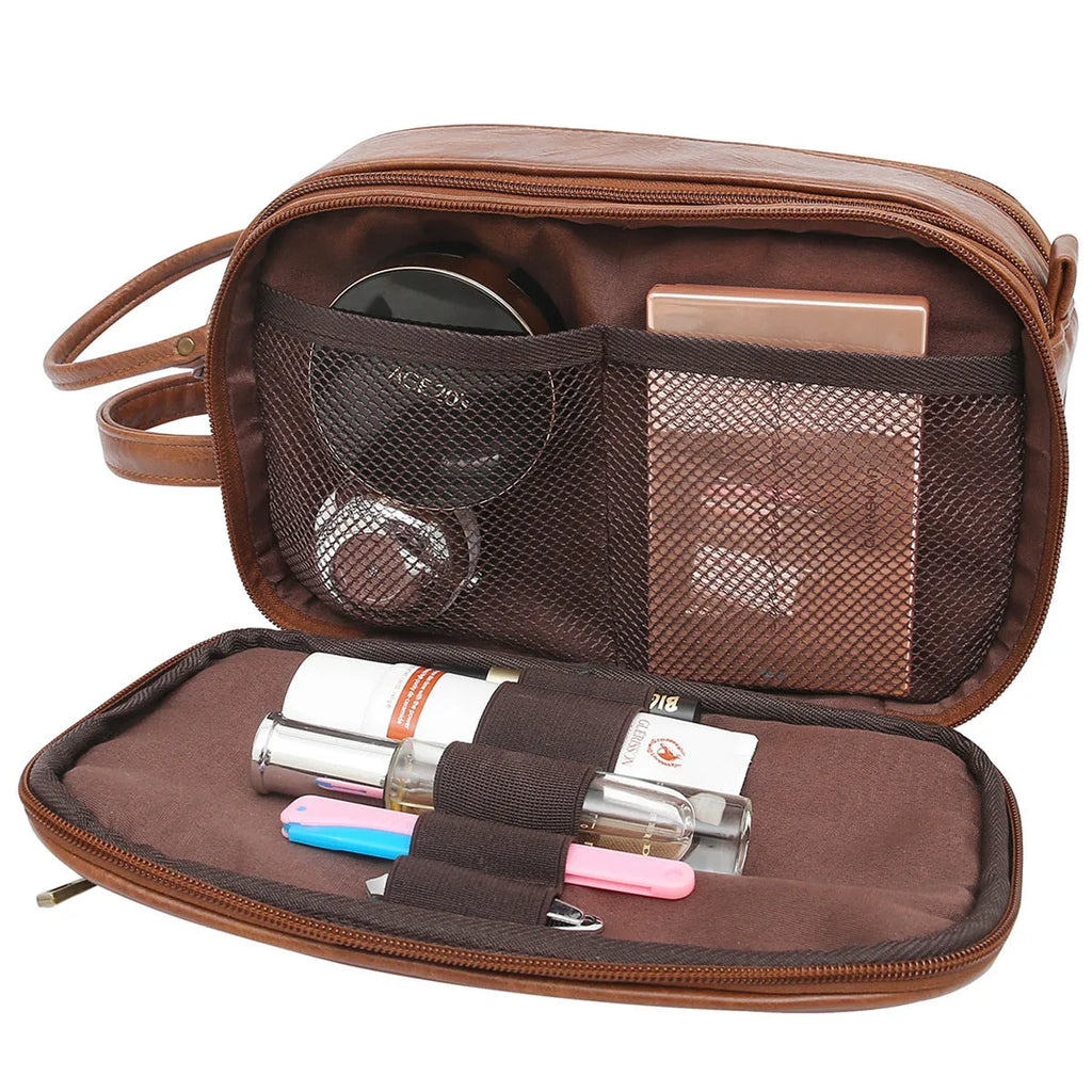Men's black and brown PU toiletry bag for travel cosmetic storage