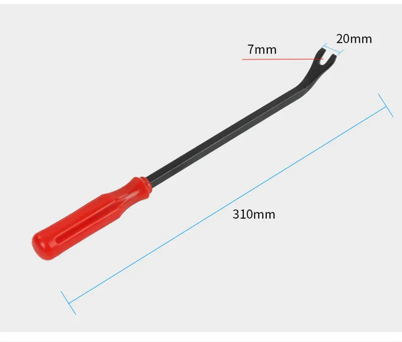 Automotive door panel clip removal tool with horn nailing design and red-handled light switch pliers