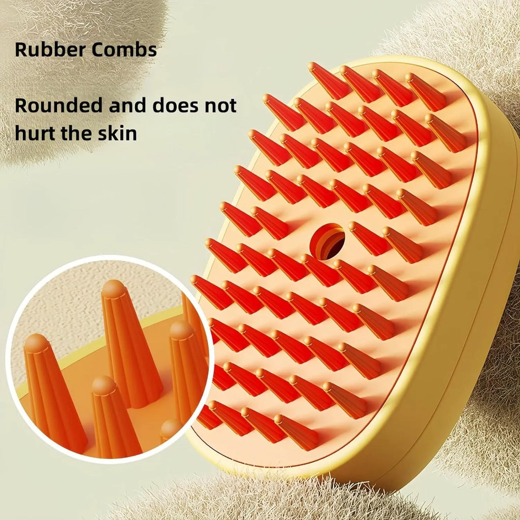 White and yellow electric pet steam brush with rubber comb teeth and ergonomic handle