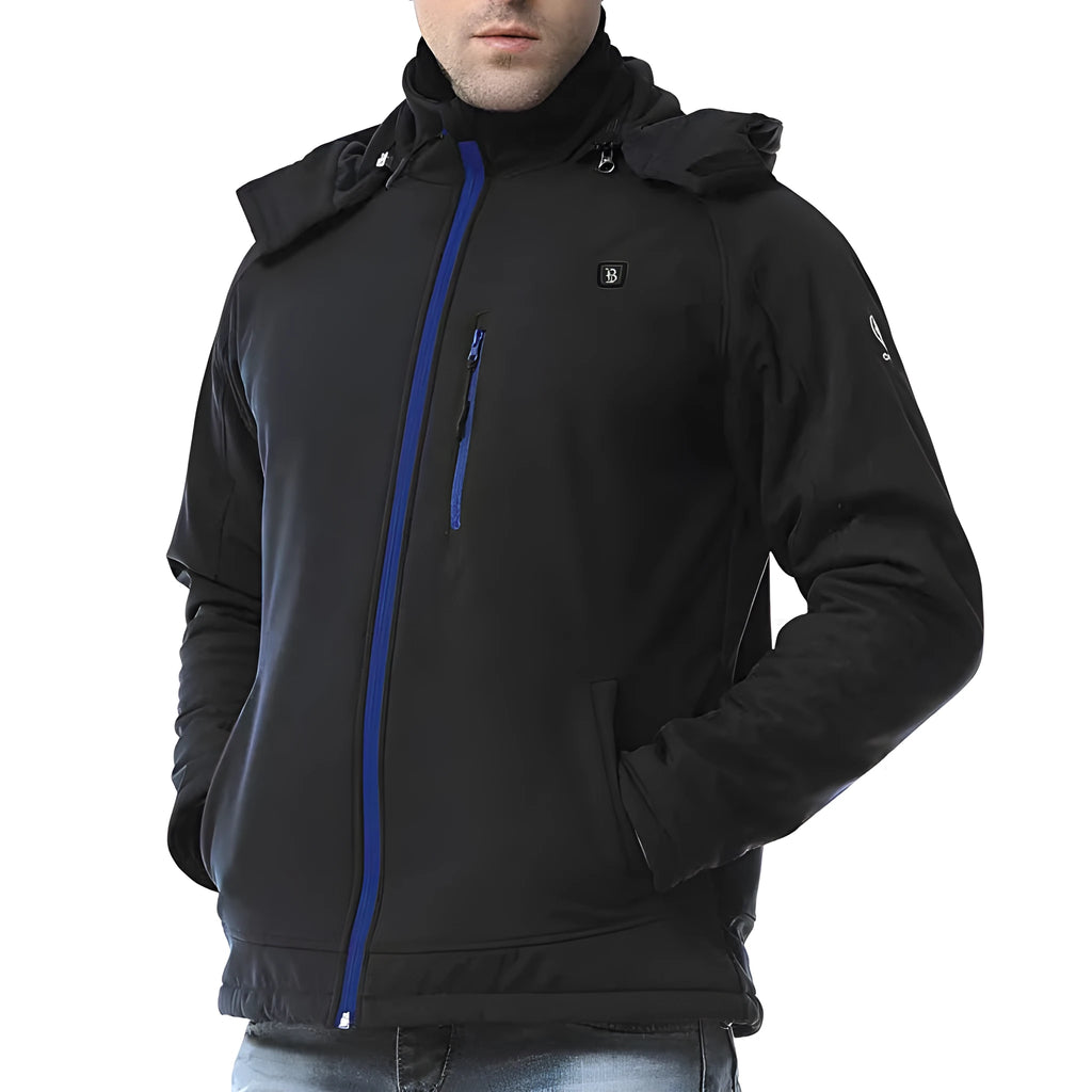 Black men's USB winter waterproof thermal coat with straight hem and zipper pockets