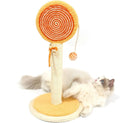 Blue sisal rope cat scratching post with a hanging ball toy on a sturdy wooden base.