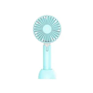 Blue mini handheld desktop fan with USB port and three-speed control on white background