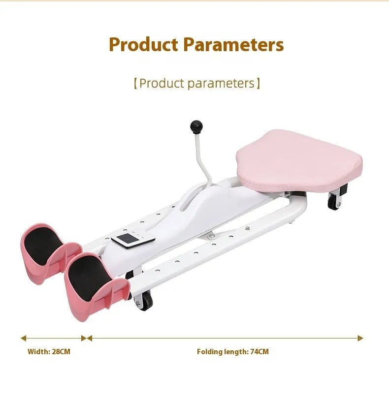 Steel pipe leg stretching equipment with foam padding in pink or blue with optional backrest