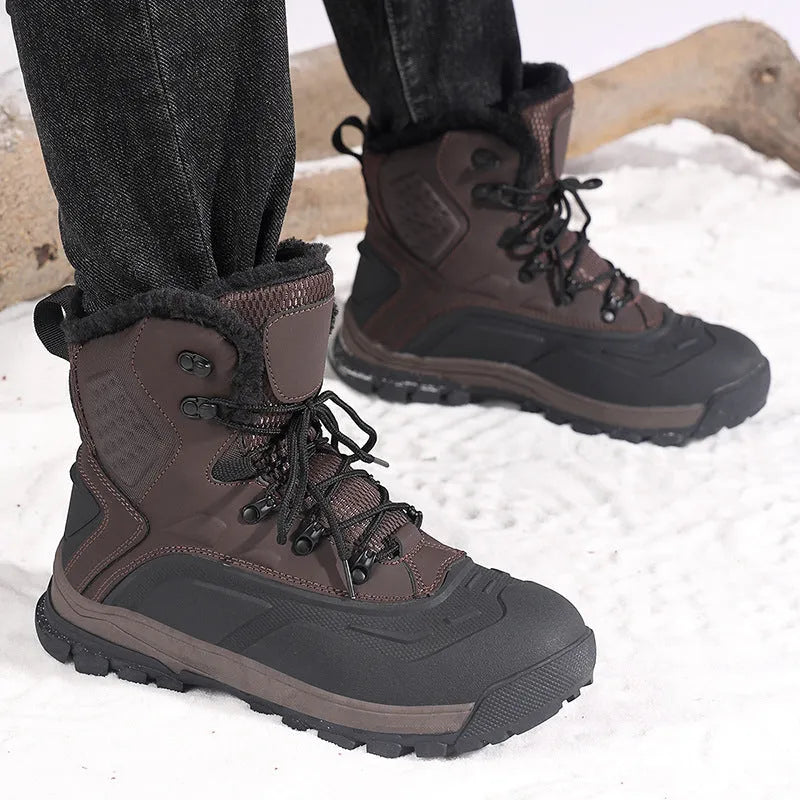 Men's black high-top lace-up boots with fleece lining, shown on a flat heel with a ribbed TPR sole.