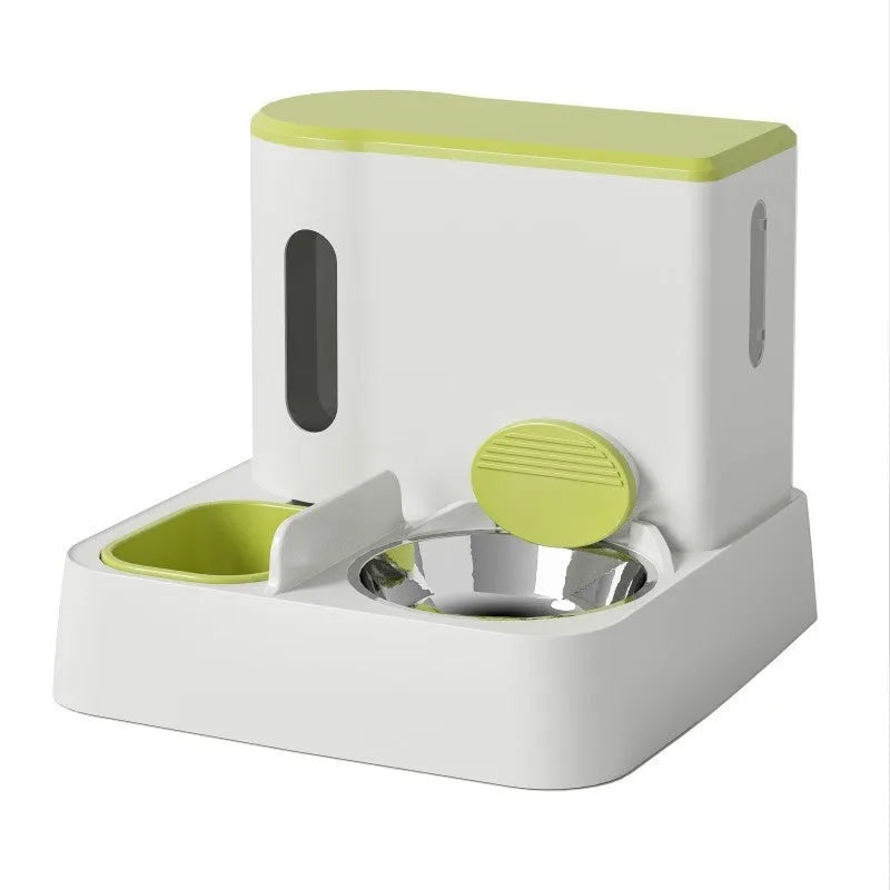 Grey automatic cat feeder with integrated water dispenser and double bowl design