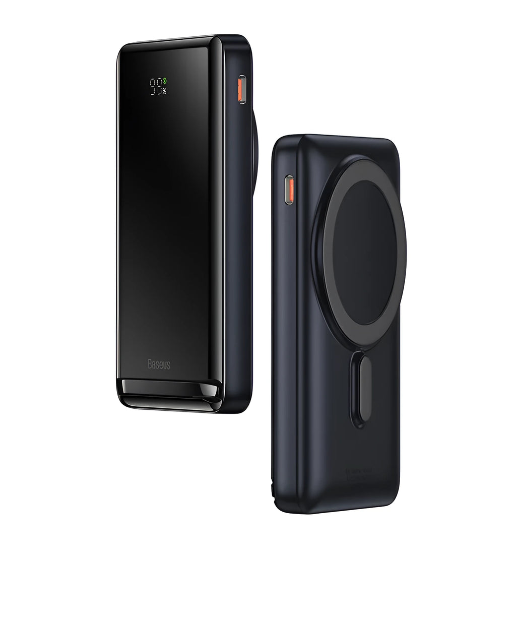 Slim magnetic wireless power bank in blue, white, or pink colours showing compact dimensions