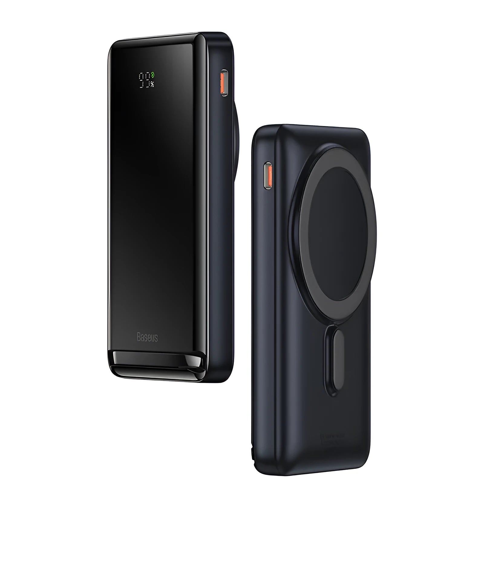 Slim magnetic wireless power bank in blue, white, or pink colours showing compact dimensions