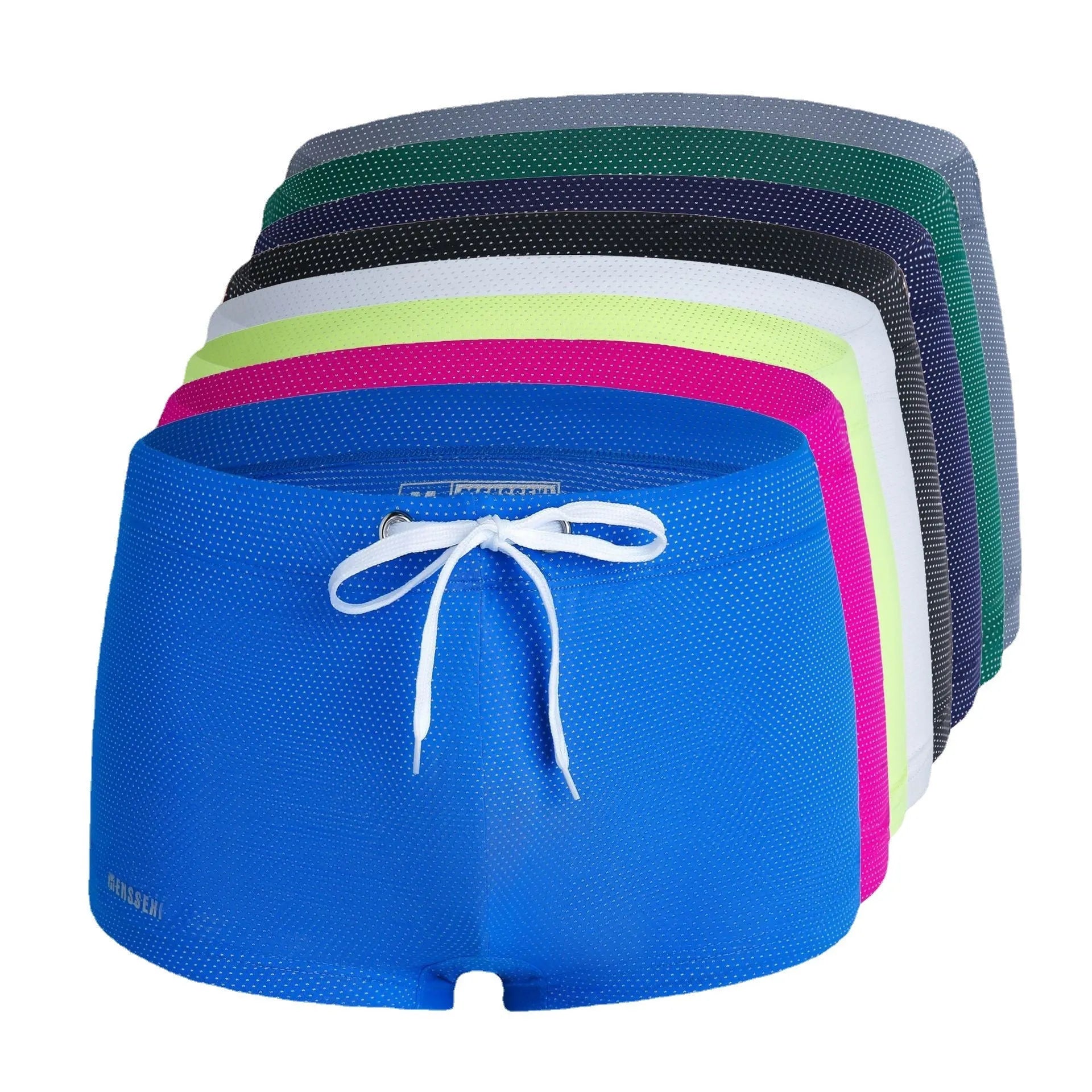 Men's low waist nylon swimming trunks in a solid colour with a boxer brief design.