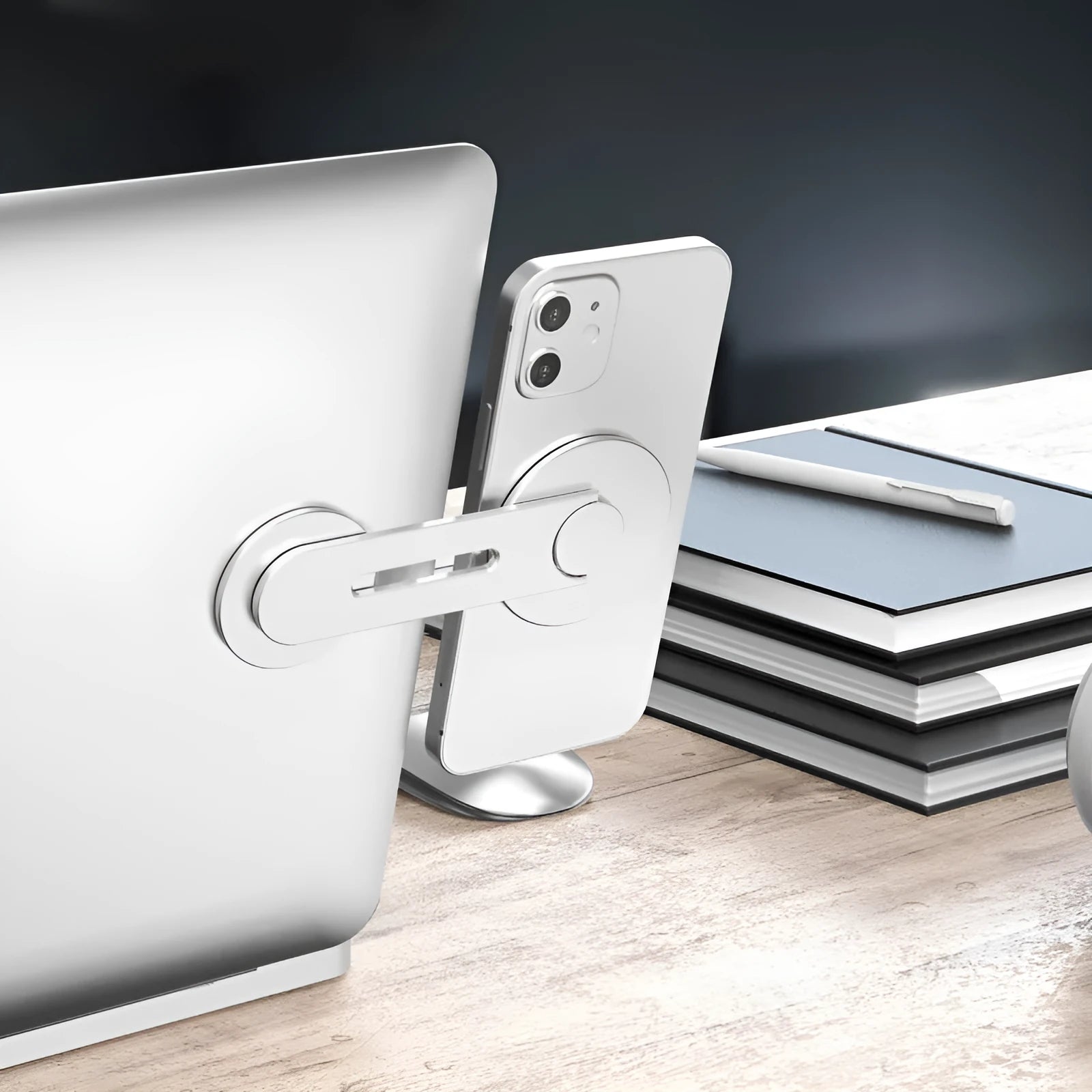 Silver aluminium alloy magnetic phone holder for Tesla centre screen, shown with dimensions.