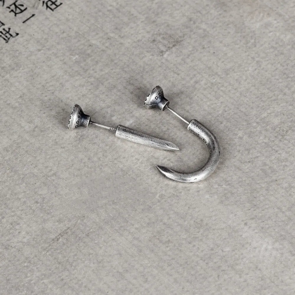 S925 sterling silver nail stud earrings punk style straight and curved nail designs ear hook