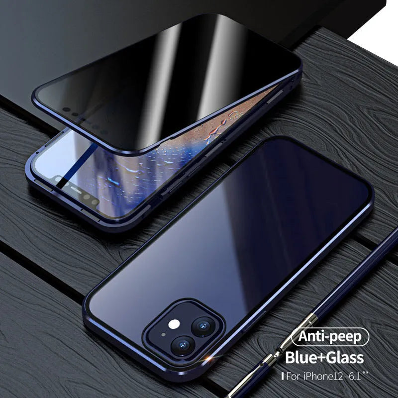 Magnetic privacy glass case with anti-spy screen and metal frame for iPhone in black colour