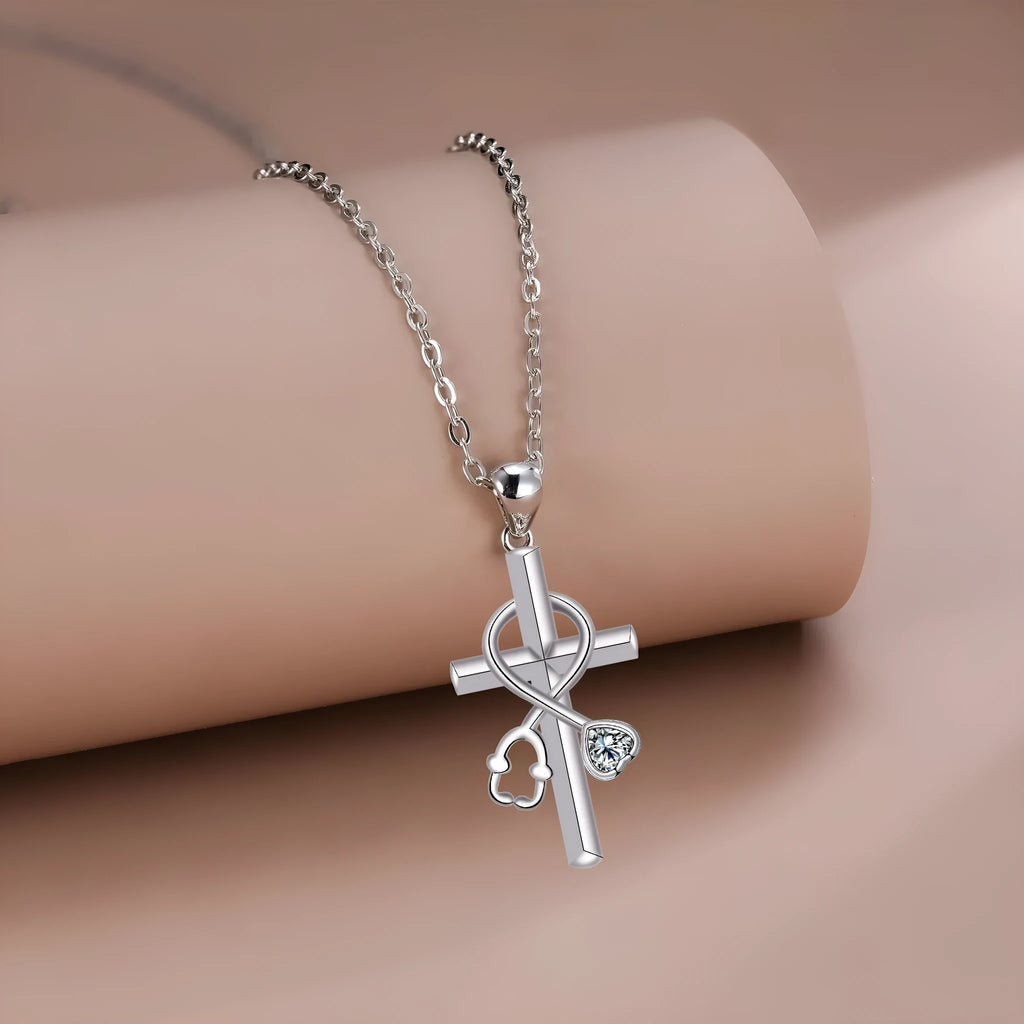 Cross stethoscope necklace with copper pendant on cross chain for women