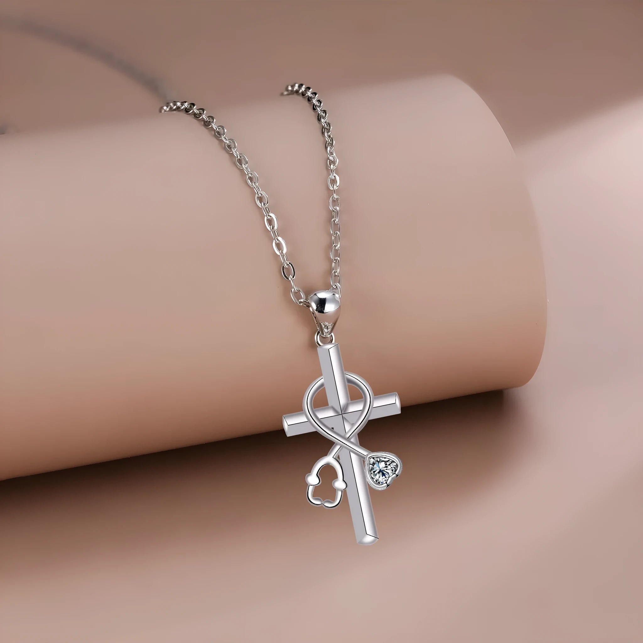 Cross stethoscope necklace with copper pendant on cross chain for women