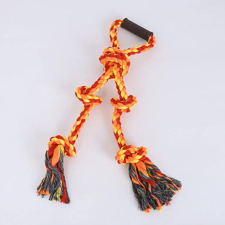 Blue and yellow 62cm long cotton rope dog toy with a handle for tug of war.