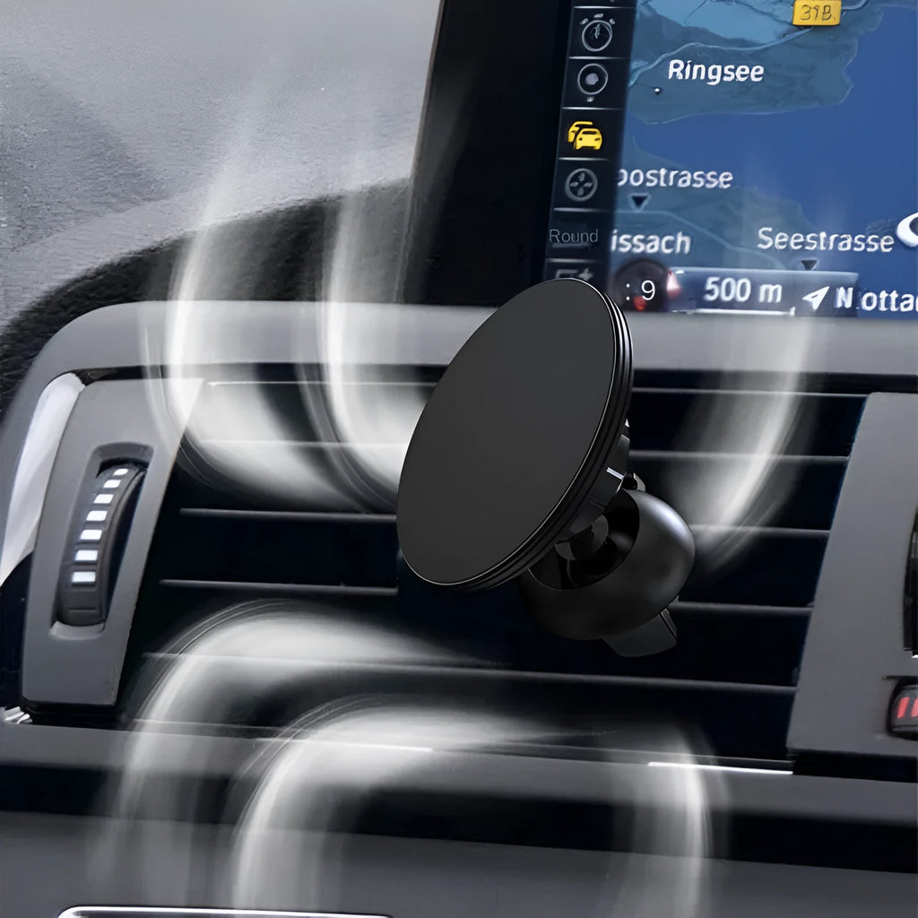 Black aluminium alloy magnetic car phone holder mounted on air vent with smartphone attached