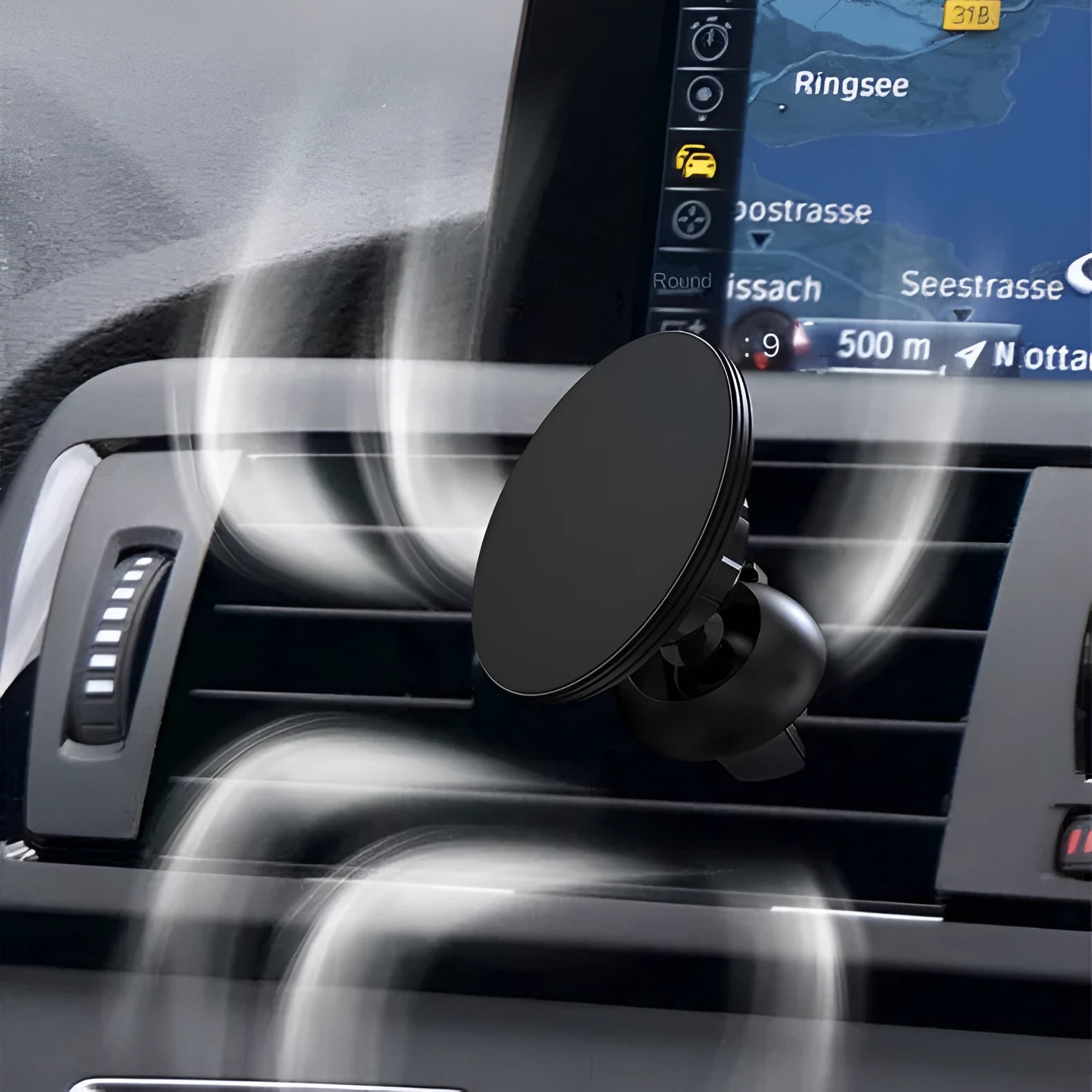 Black aluminium alloy magnetic car phone holder mounted on air vent with smartphone attached