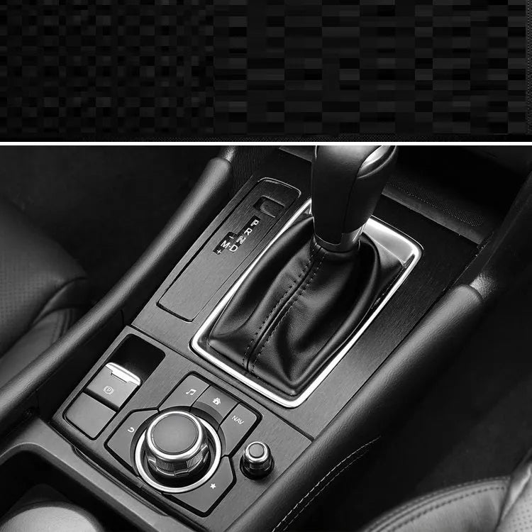 Car interior decorative film sticker kit showing centre console, instrument panel, and trim pieces