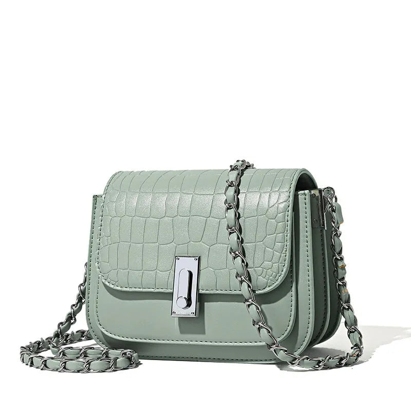 Women's soft PU chain shoulder bag in black with interior phone pocket and crossbody strap