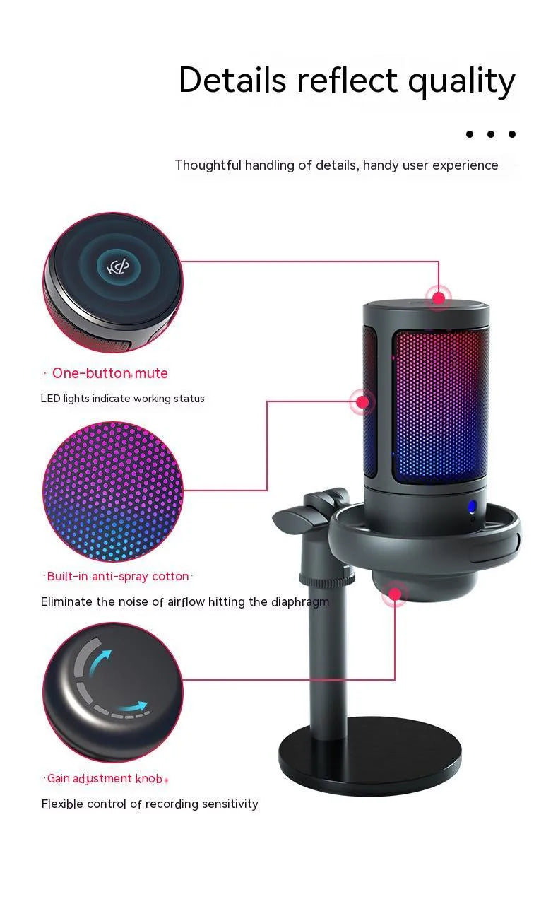 RGB condenser USB microphone for computer streaming in black, white, or pink colours