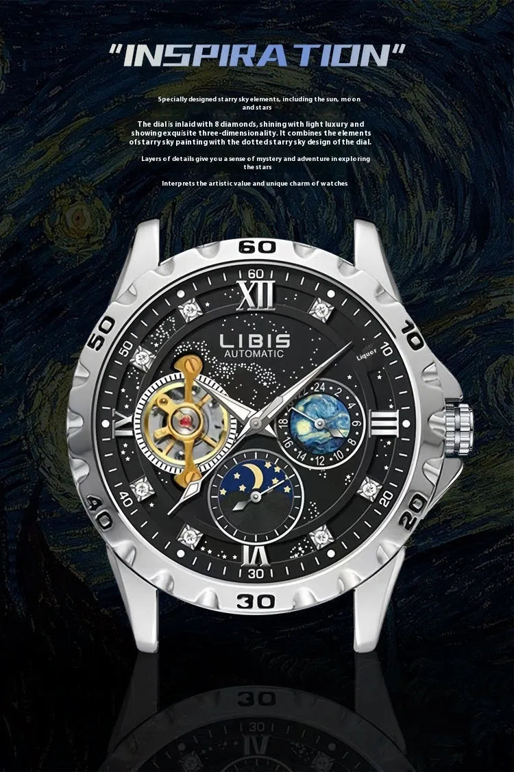 Men's silver mechanical watch with black starry dial and brown leather strap