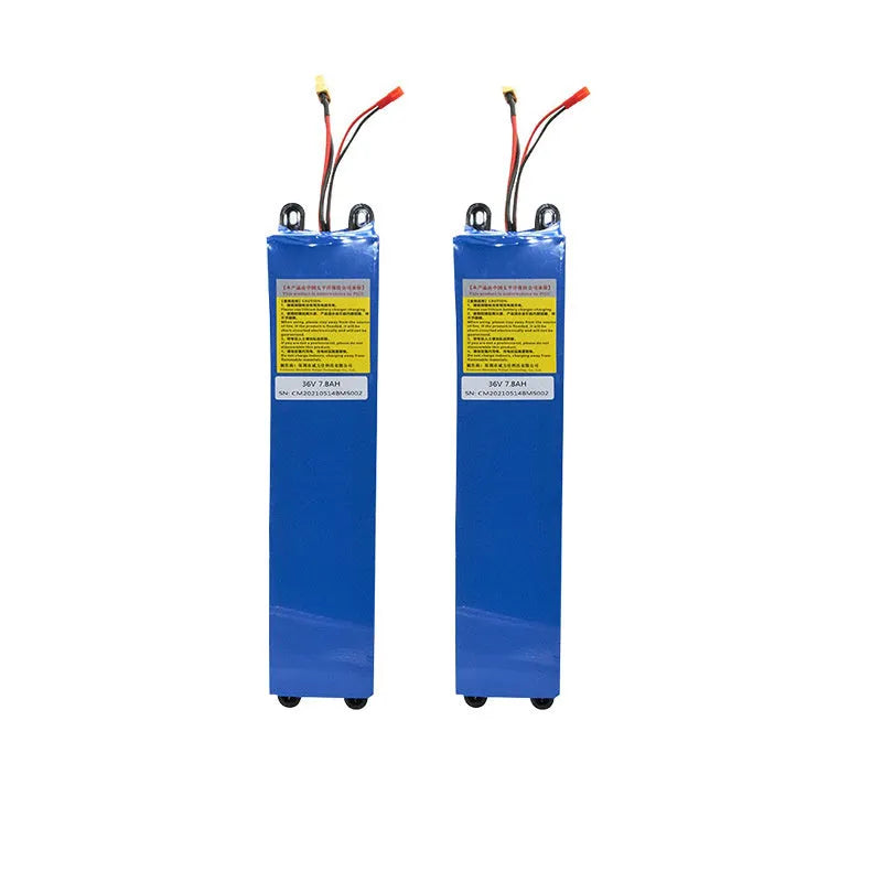 A 36V lithium-ion battery pack for electric scooter replacement, showing labels for 6.6Ah, 7.8Ah, and 10.4Ah options.