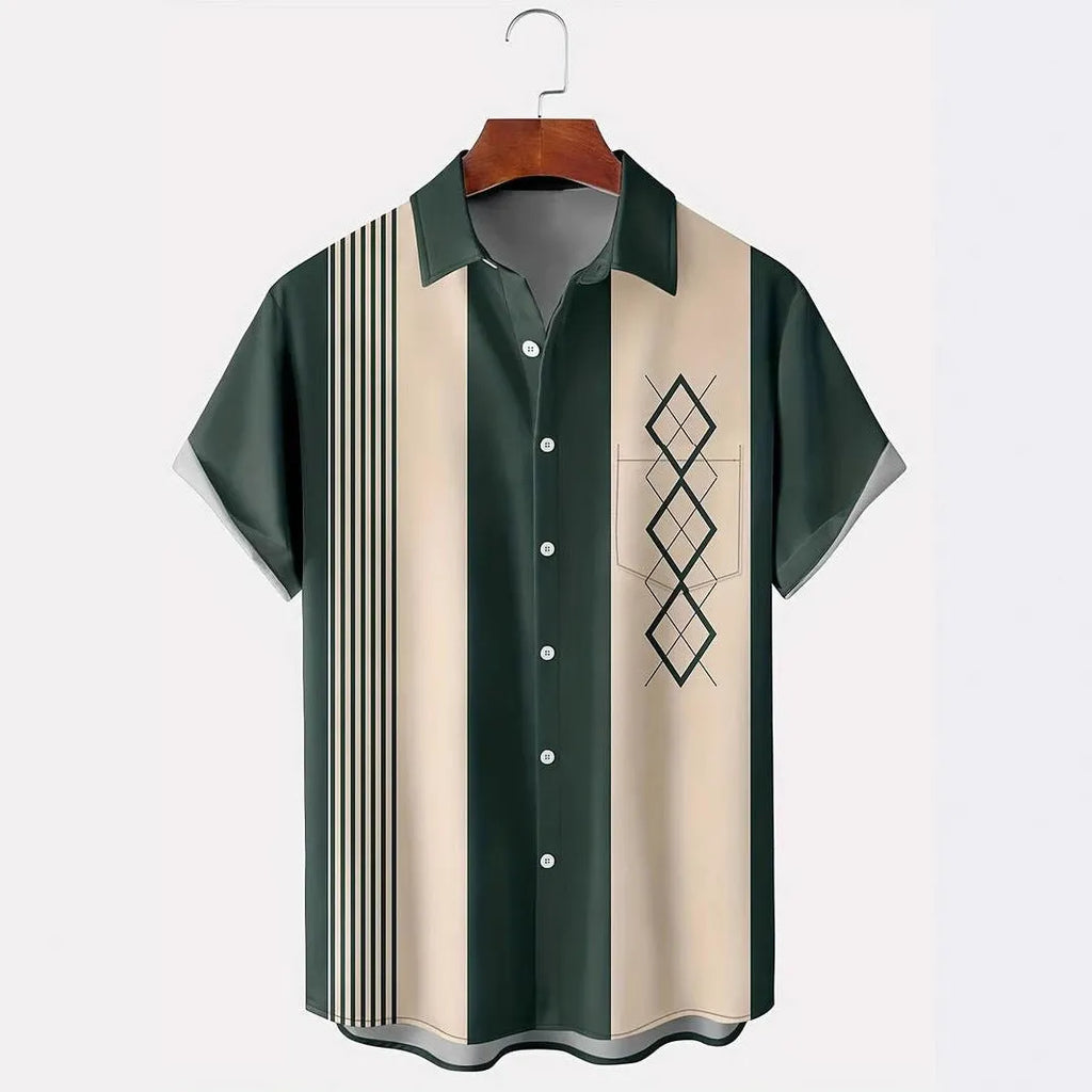 Man wearing a loose-fit short sleeve plaid shirt with lapel collar in contrasting colours.