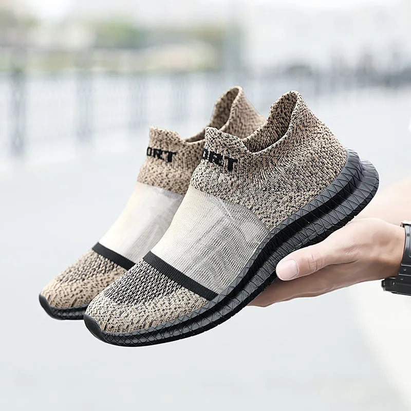 Flyknit casual sock shoes in khaki colour with lace-up fastening and round toe