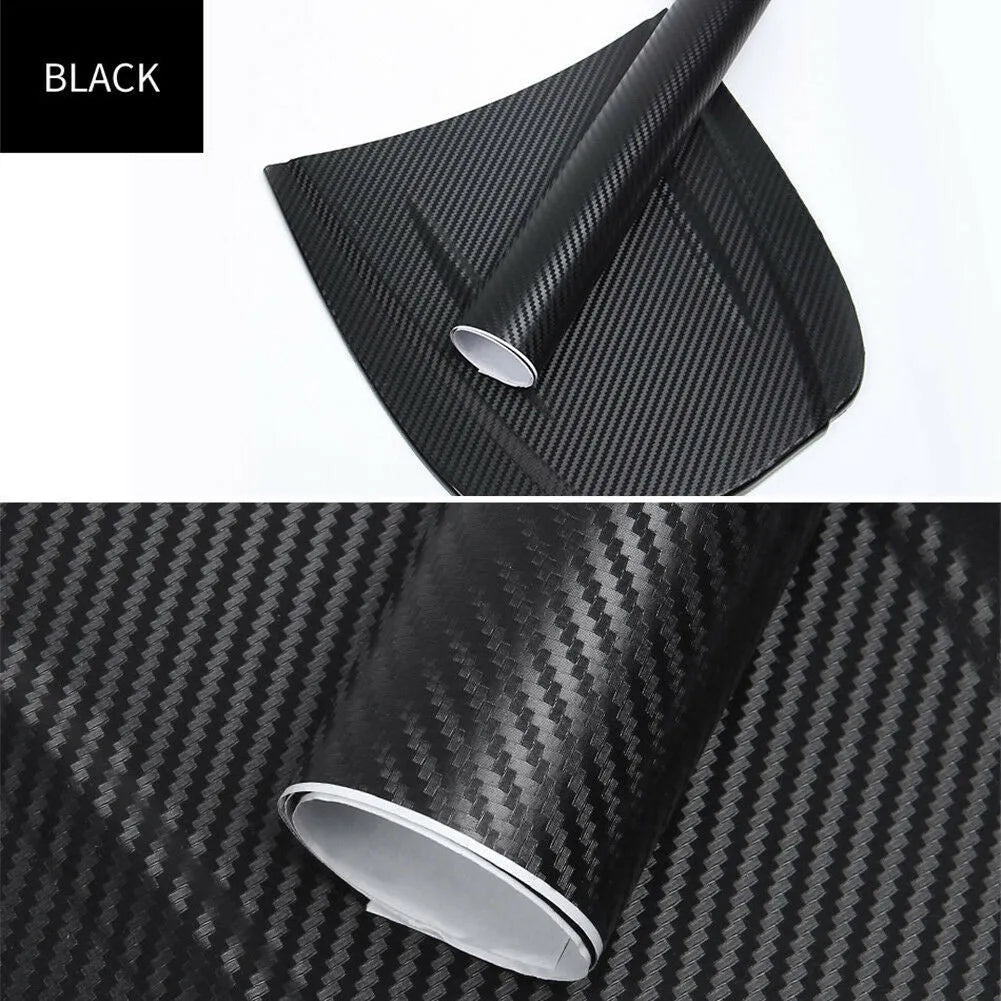 Carbon fibre pattern sticker roll showing eight colour options with 30x127 cm dimensions for car decoration
