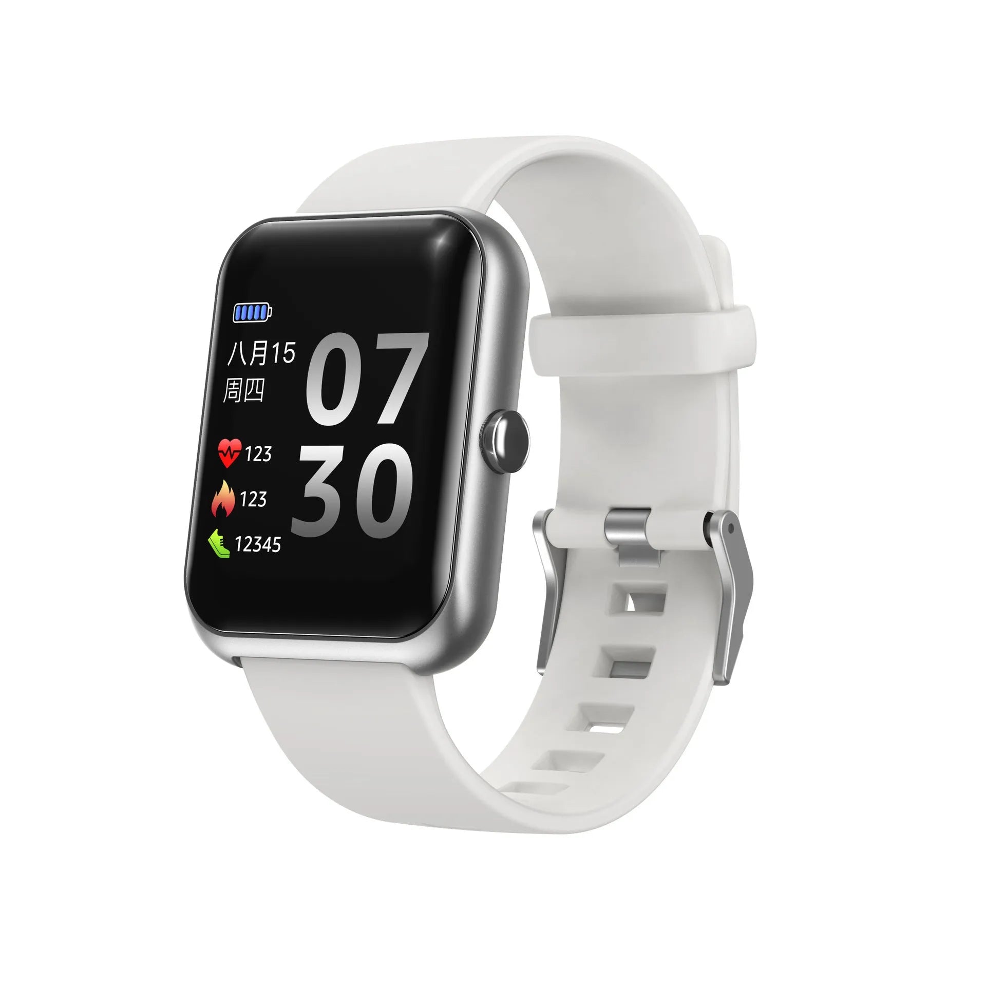 Square-faced Bluetooth sports watch for couples with coloured anodised aluminium case and black silicone strap.