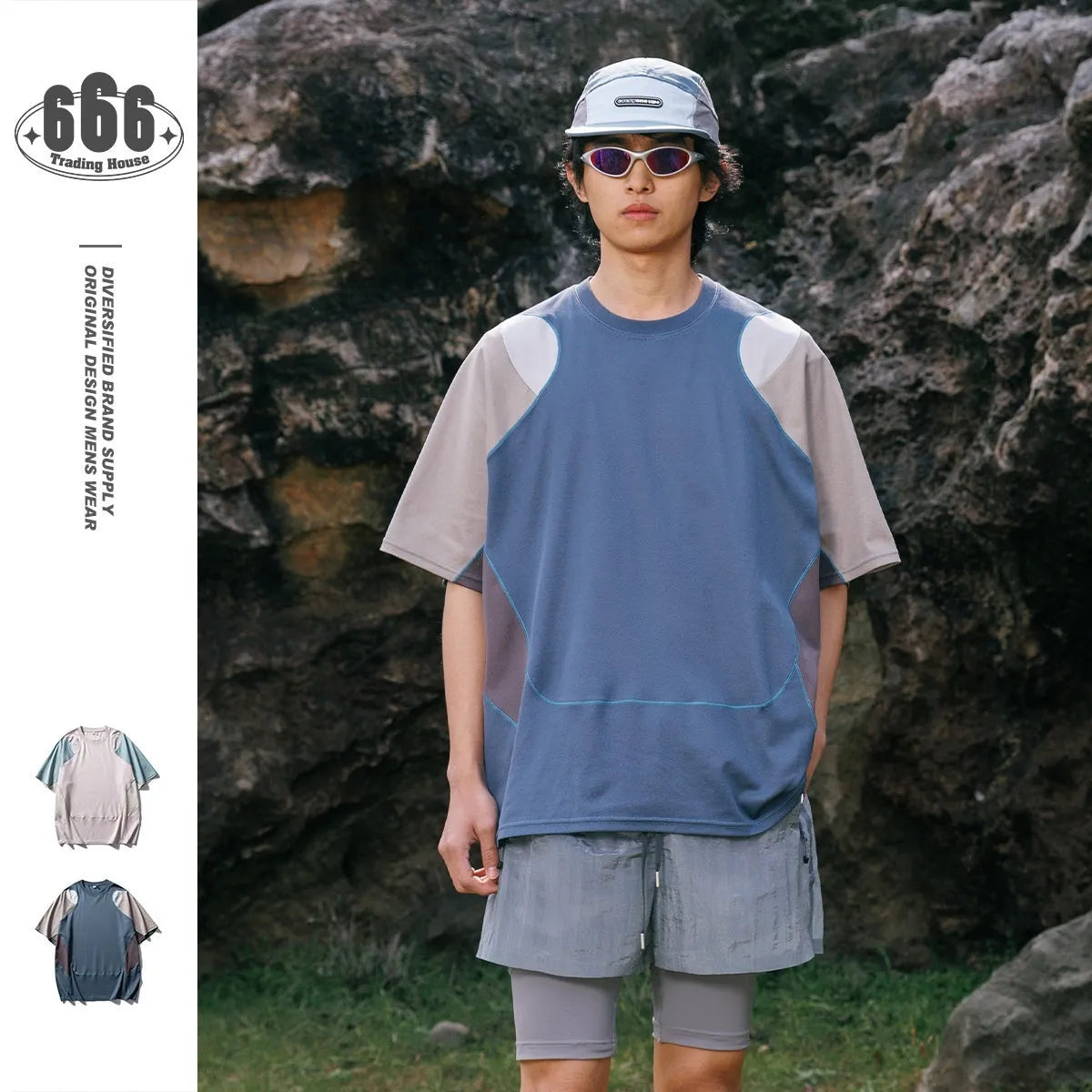 Men's loose patchwork contrast colour cotton blend sports T-shirt with short raglan sleeves.
