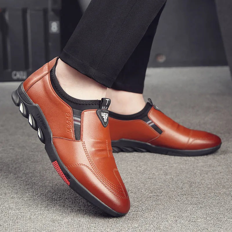 Men's black and brown leather business shoes with flat heel and plain toe.