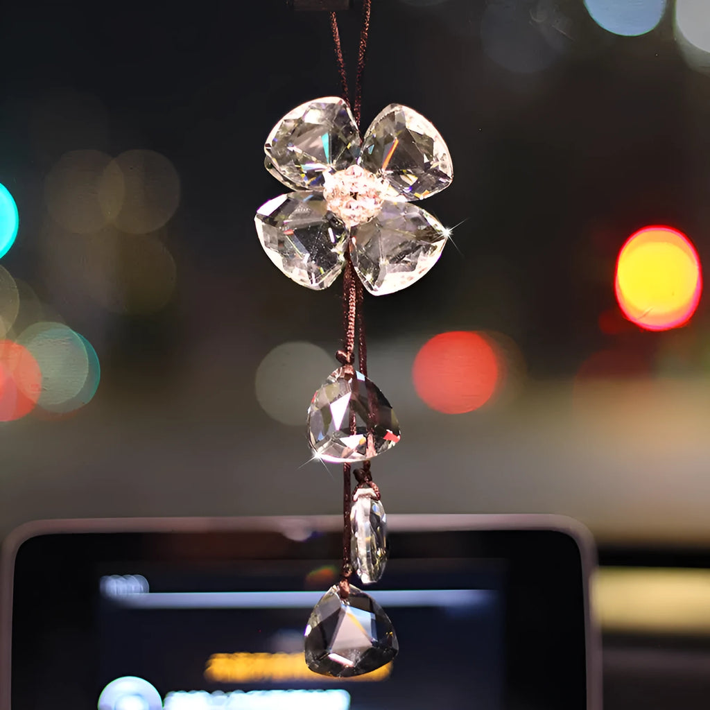 Crystal four leaf clover car pendant measuring approximately 20cm in transparent, champagne, black or shiny finish