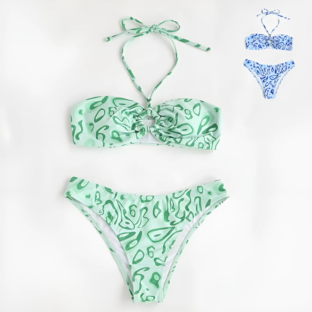 Blue floral bandeau bikini with split design and matching briefs