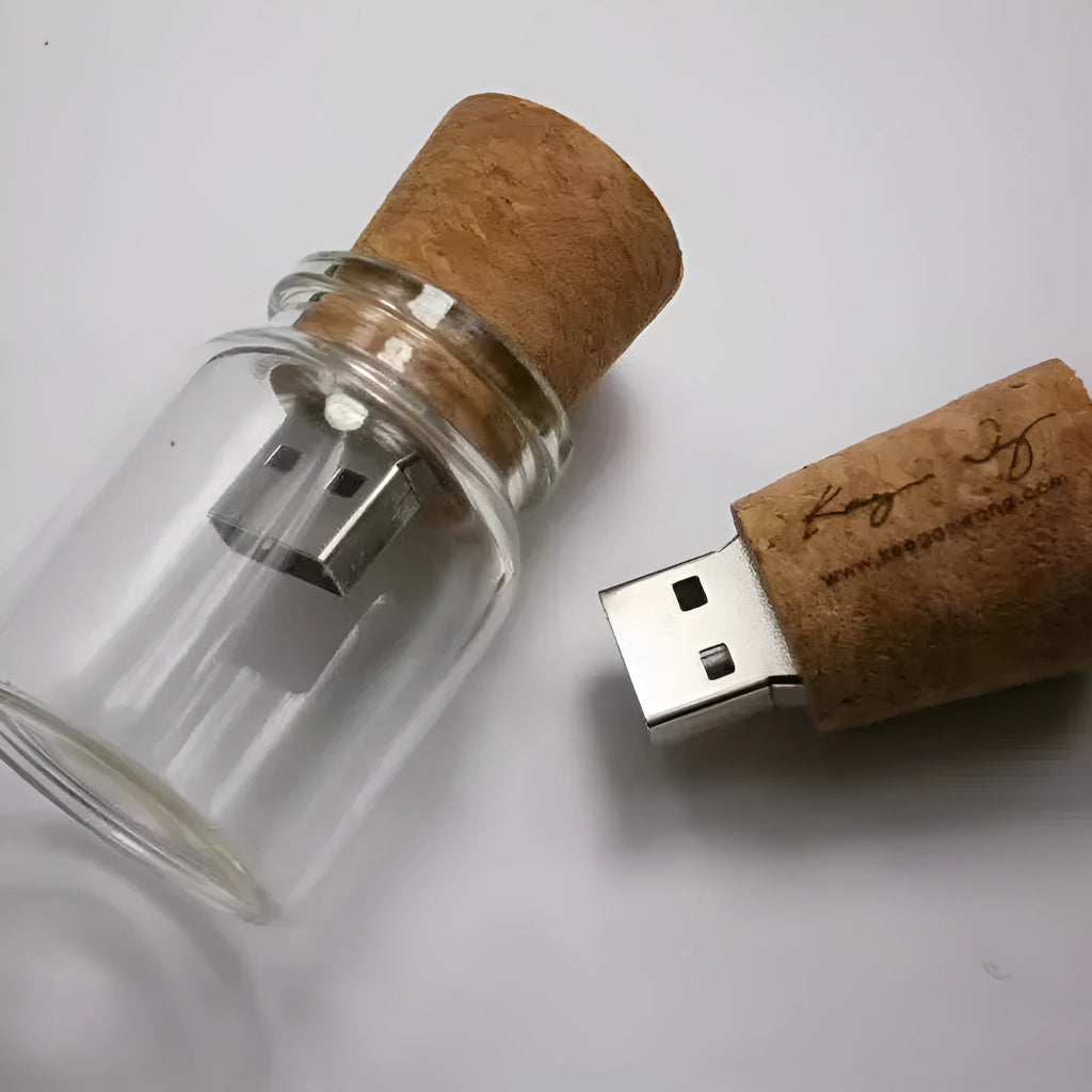 Wooden wish drift bottle shaped USB flash drive with transparent casing showing internal components.