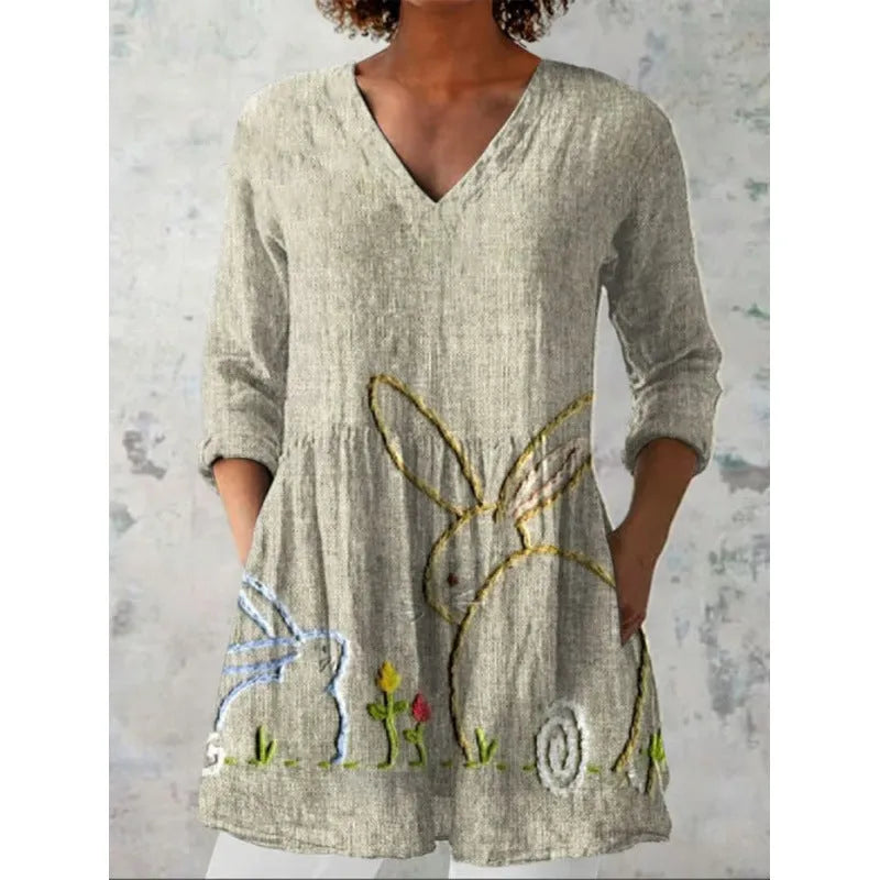 Women's printed dress with wave pattern, 3/4 sleeves and loose wide waist fit