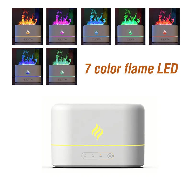 Black USB humidifier with seven-colour flame light effect on a desk.