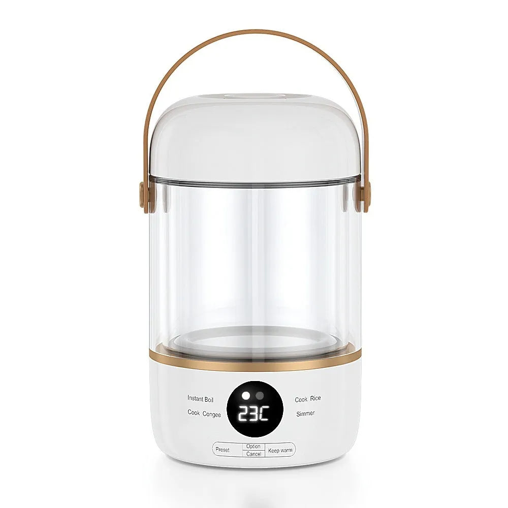 Smart portable electric stew cooker with transparent glass lid showing food inside, on a kitchen counter.