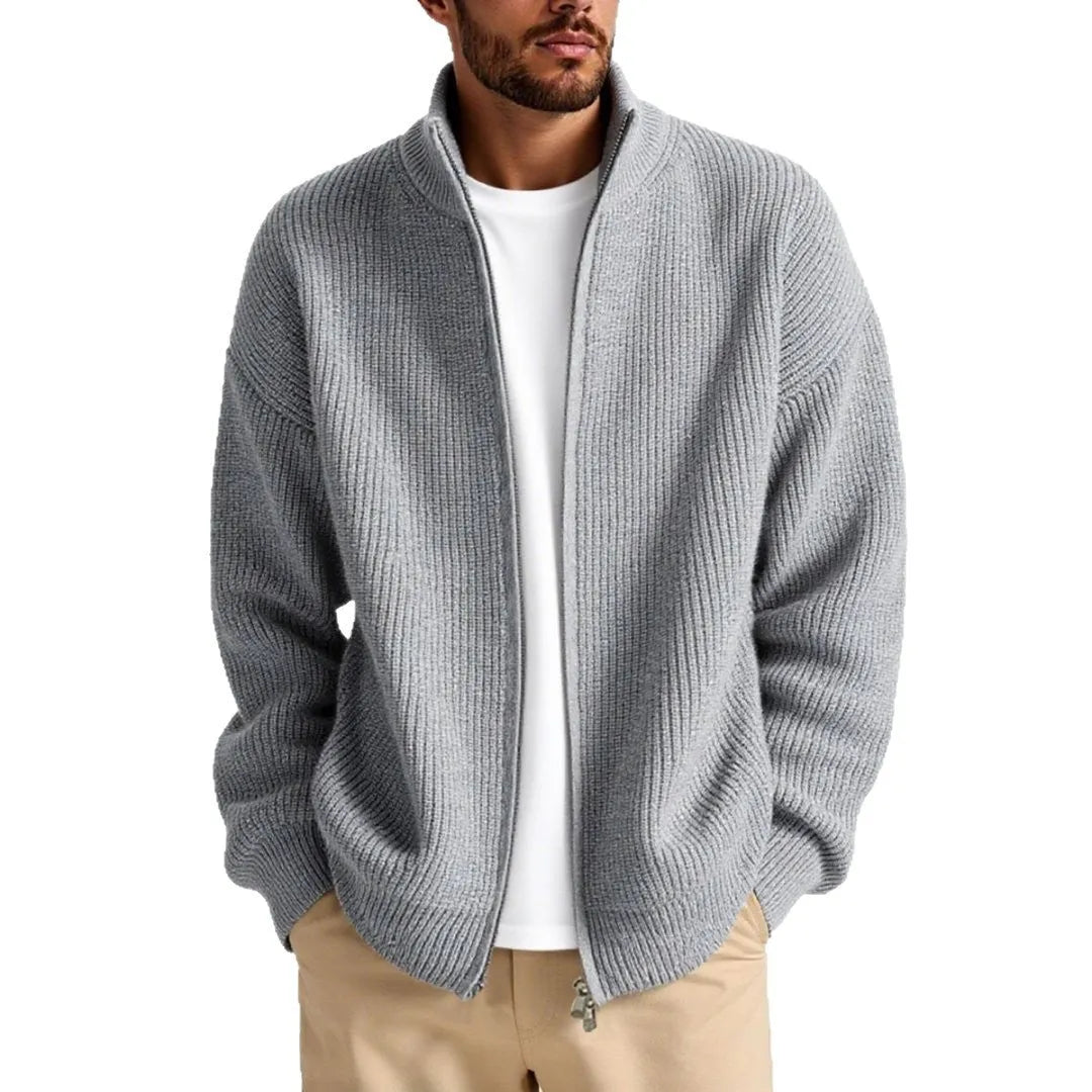 Loose fit men's cardigan sweater in a chemical fibre blend, shown in a choice of five colours.