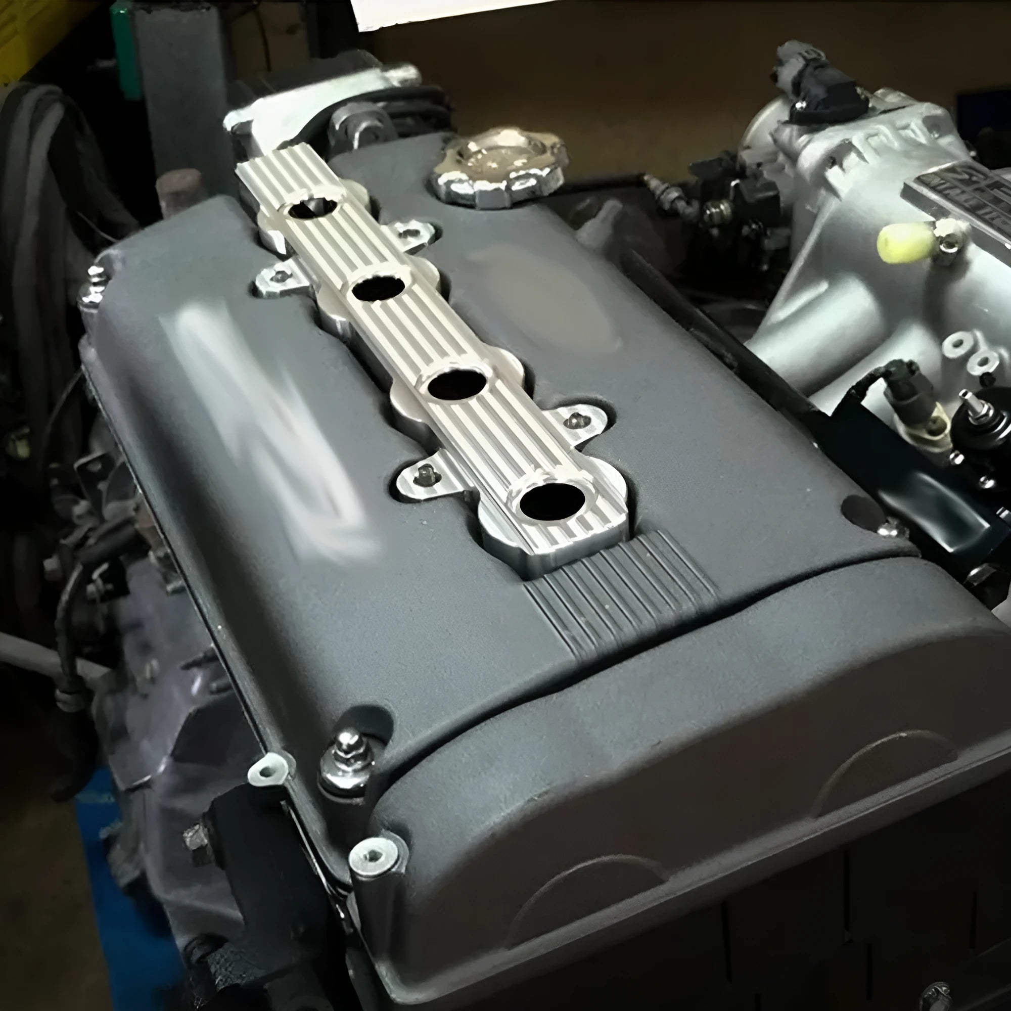 Aluminium alloy engine hood shown in blue, red, and silver colour options.