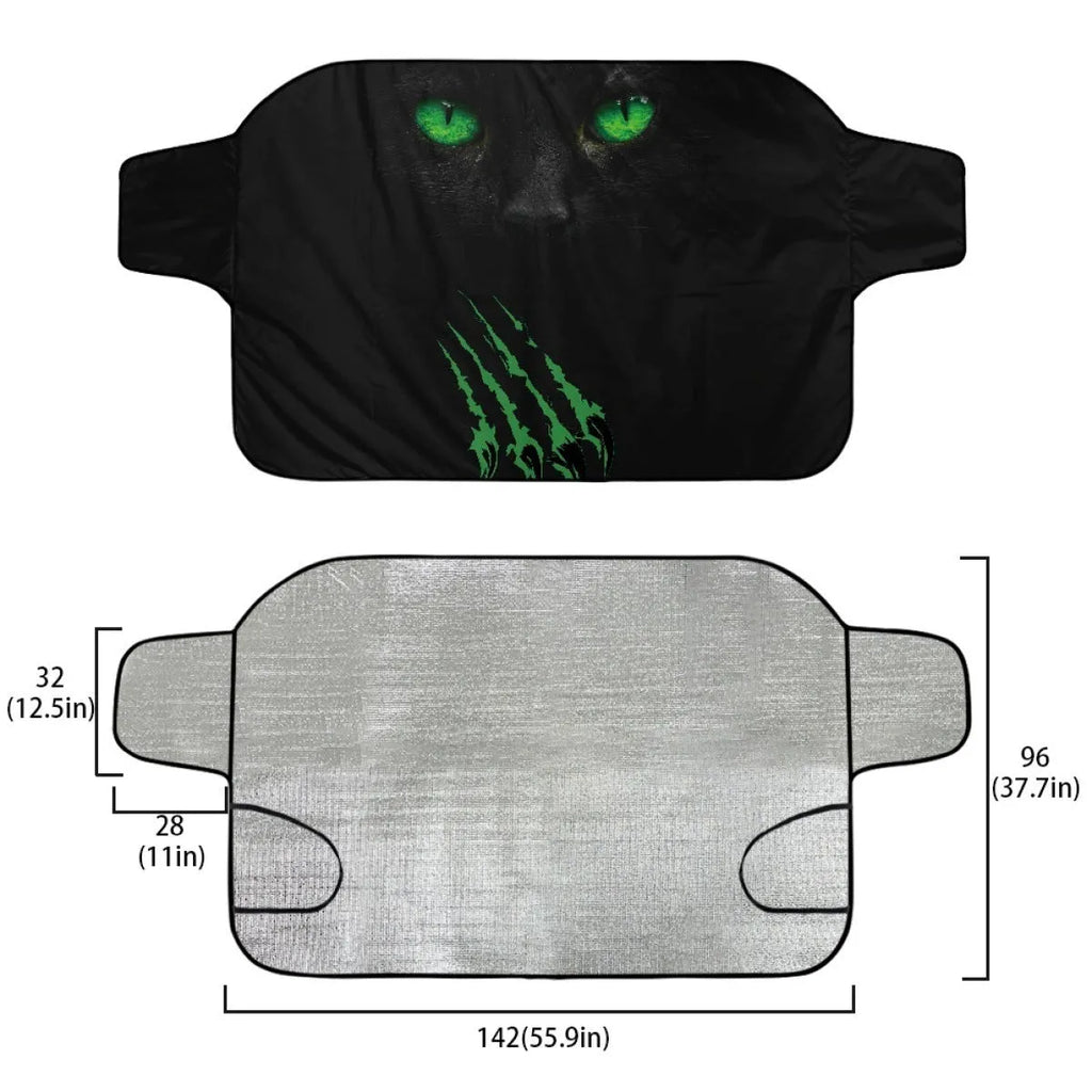 Car front snow protection cover made from silver aluminum foam fabric with black lanyard ties.